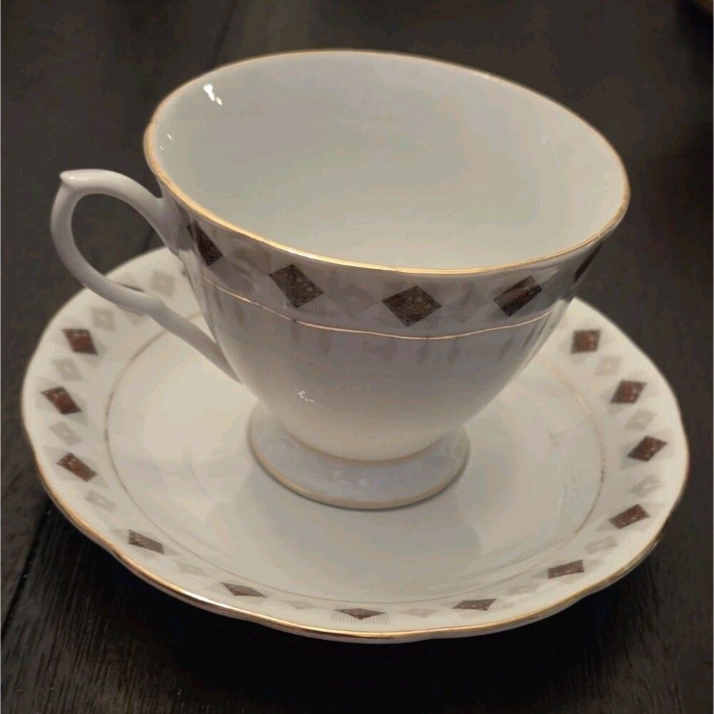 Vintage Yong Sheng Geometric Tea Cup and Saucer, Porcelain Bone China, Black/Red